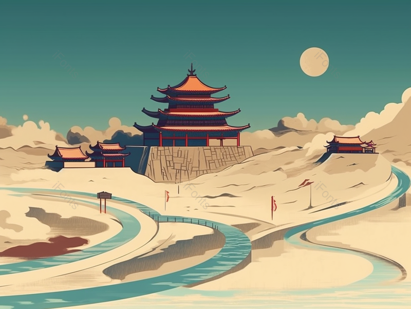 敦煌古城西北沙漠河流交汇中国传统古典主义国潮插画,插画/手绘图,插画/手绘图库,插画/手绘图下载,插画/手绘